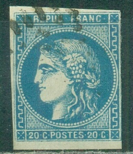 Франция 1870, 20 с "Церера", Михель № 41 t.II (синяя), 55 Евро обычный штемпель